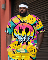 Big Men Smiling Face Street Cartoon Color Block Graffiti Short Sleeve Shorts Suit
